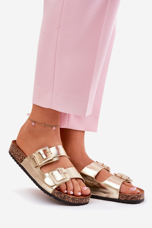 Ladies Slippers With Claras On Cork Sole Golden Sercele