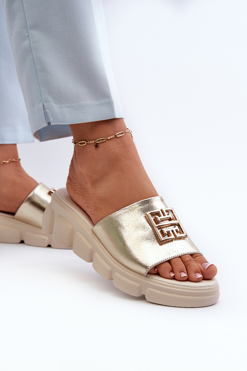 Women's Leather Wedge Sandals with Gold Decoration Vinceza 41444 Gold