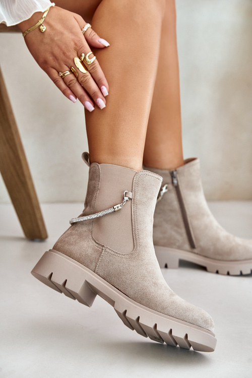 Warm Ankle Boots With Zipper And Decorative Strap Beige Labenne