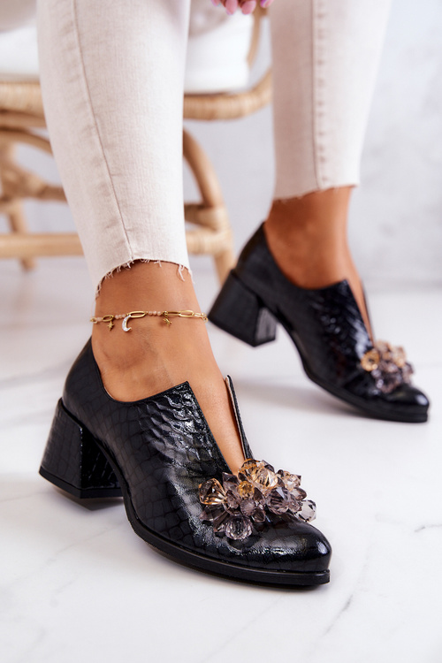 Leather Brogues Crocodile Pattern With Ornament Black Delaver