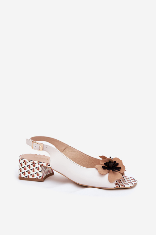 Leather Women's Sandals on a Block Heel with a Decorative Flower Laura Messi 2973 White