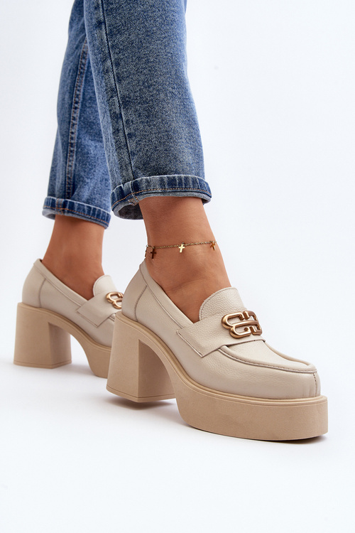 Zazoo 20170 Women's Leather Shoes with Heel Light Beige