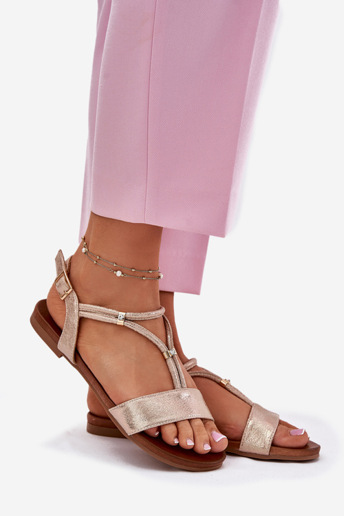 Sandały Damskie Płaskie Z Paskami Różowe Złoto S.Barski KV51-120