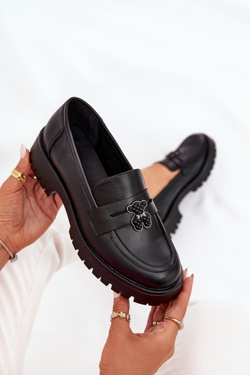 Women's Leather Moccasins With A Teddy Bear Vinceza 18109 Black