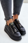 Damskie Sneakersy Przypinki Skóra Naturalna Platforma Czarne CheBello 4596