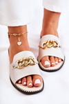 Fashionable Slippers With A Chain On A Flat Heel Gold Finess