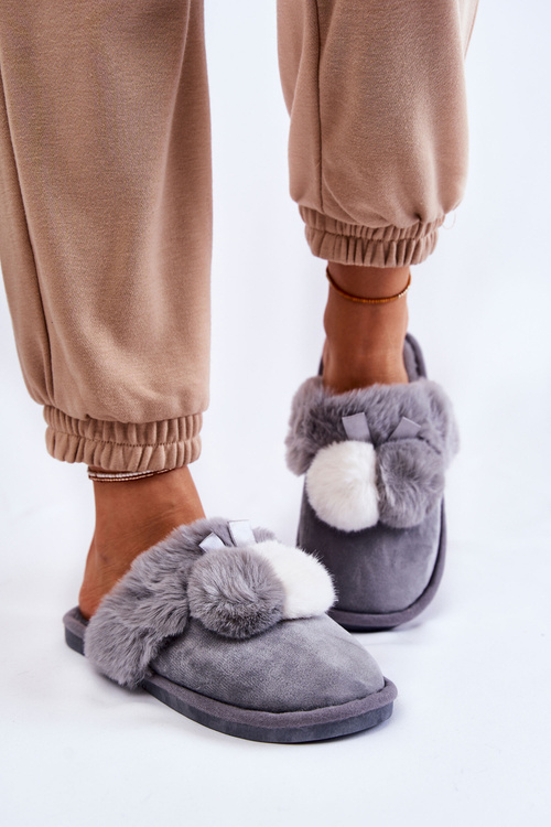 Papcie Damskie Pompony Futerko Szare Sahira