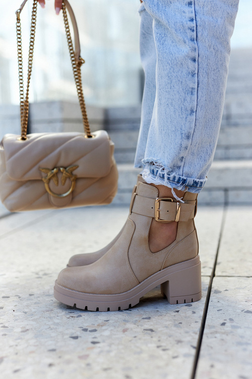 Leather Booties Cut Out Belt Dark beige Rosanne