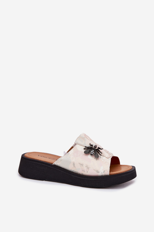 Klapki Damskie Skóra Naturalna Broszka Beżowe Vinceza 66752