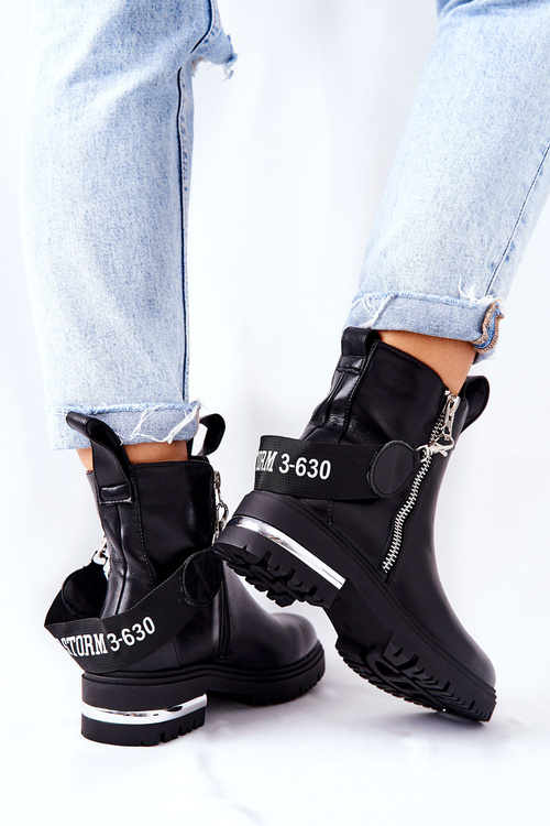 Skórzane Ocieplane Botki Z Suwakiem Czarne Cortona