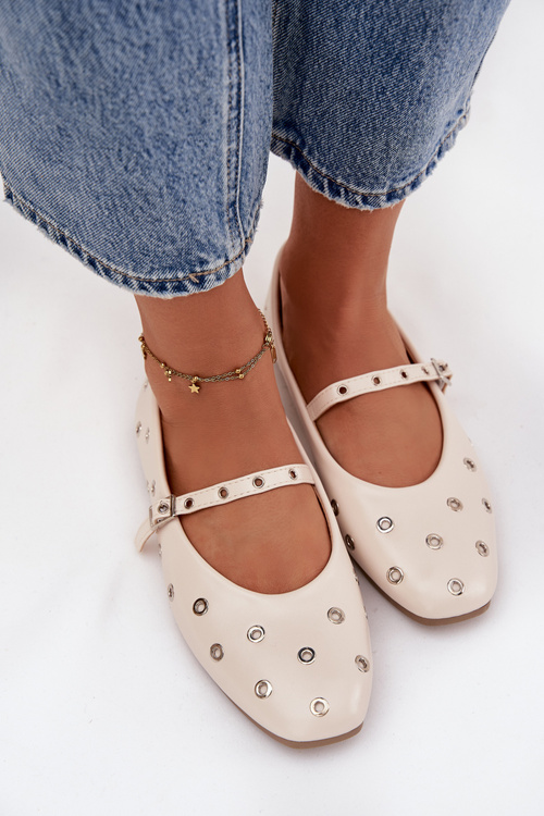 Baleriny Z Paseczkiem I Srebrnymi Elementami Beżowe Marivon