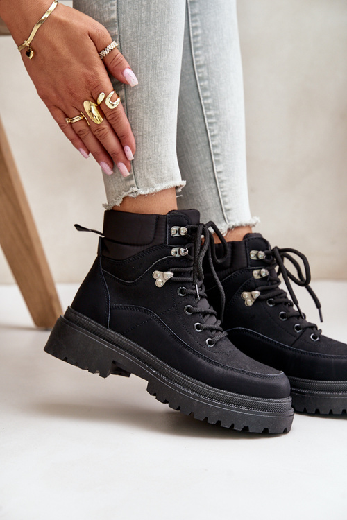 Damskie Sznurowane Trapery Botki Czarne Rabaria