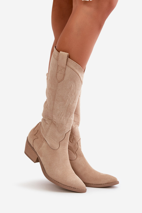 Kozaki Eko Zamszowe Niski Obcas Kowbojki Damskie Beżowe Ligelia