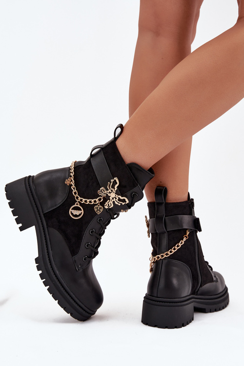 Women's Work Boots Insulated With Gold Chain And Charms Black Vessara