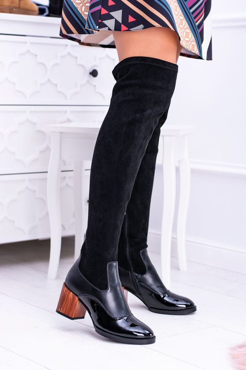 Lu Boo Czarne Damskie Kozaki Na Słupku Zamsz Lakier Jess