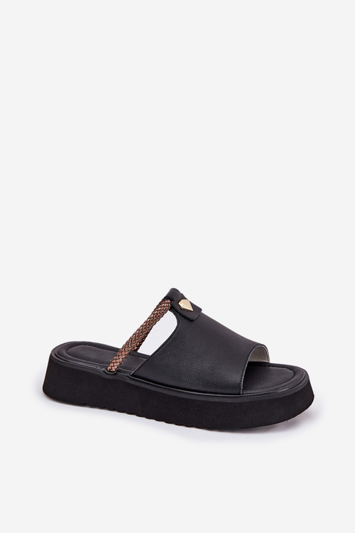 Leather Ladies Platform Slippers With Decorative Strap D&A MK51-475 Black