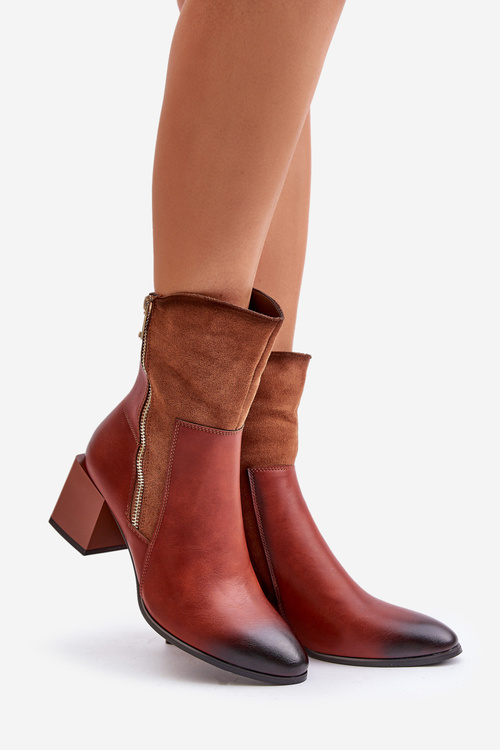 Damskie Botki Ocieplane Obcas Słupek Brązowe Relabina