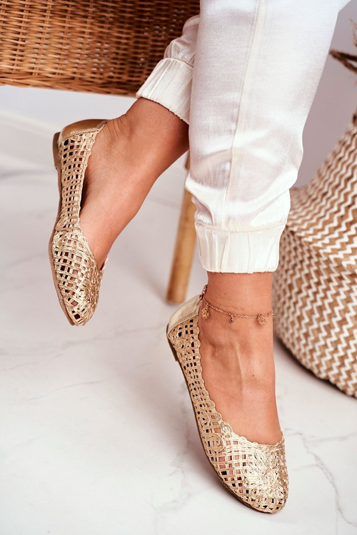 Lu Boo Damskie Baleriny Złote Ażurowe Plecione Carry