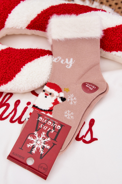 Christmas Children's Socks With Fur And Santa Wool Alpaca Dark Beige