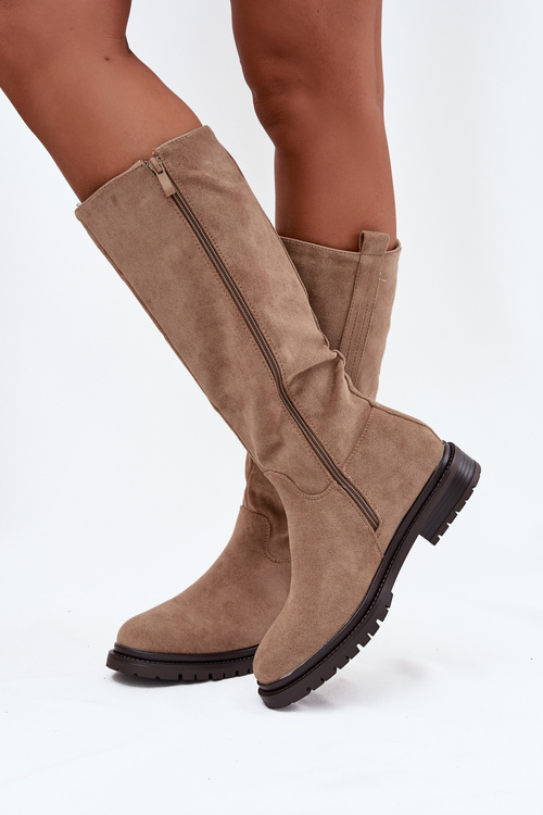 Women's insulated flat-heeled eco suede boots Dark beige Delyssa