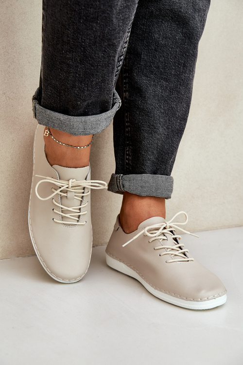 Półbuty Damskie Skóra Naturalna Sznurowane Beżowe D&A LR51-645