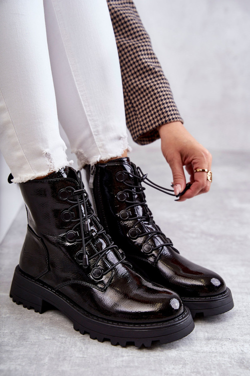 Women's Laquered Warm Boots With Ribbed Black Helia