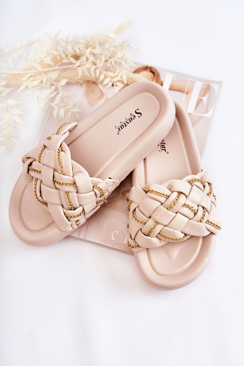Women's Leather Slippers With A Chain Beige Soline