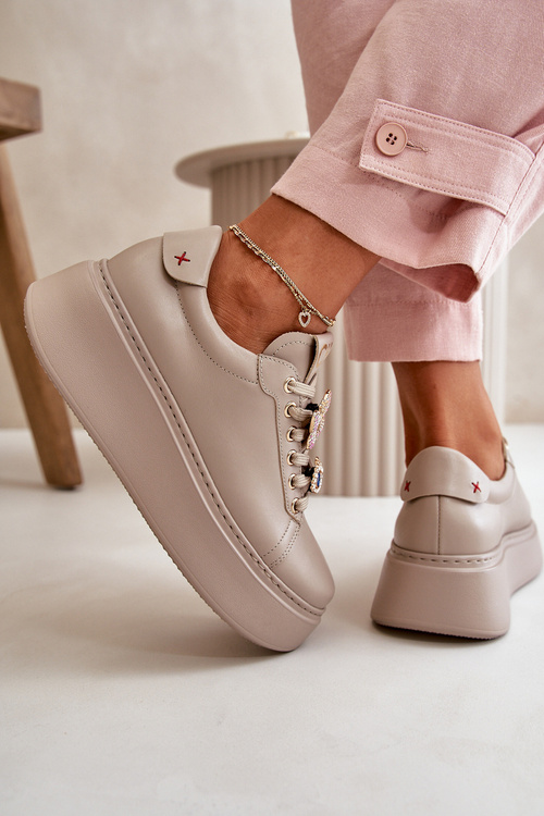 Sneakersy Damskie Skóra Naturalna Ozdoby CheBello 4585 Beżowe