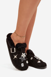 Women's slippers with decorations and buckle lined with fur black Thalora