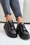 Damskie Sneakersy Przypinki Skóra Naturalna Platforma Czarne CheBello 4596