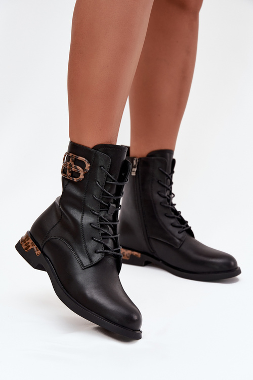 Leather Women's Flat Heel Ankle Boots with Decoration Lined Artiker 57C1064 Black