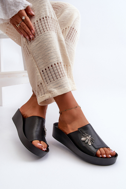 Klapki Damskie Eleganckie Skórzane Z Ozdobą Czarne S.Barski KV27-015