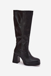 Ladies Knee High Boots With Zipper Block Heel Black Selvia