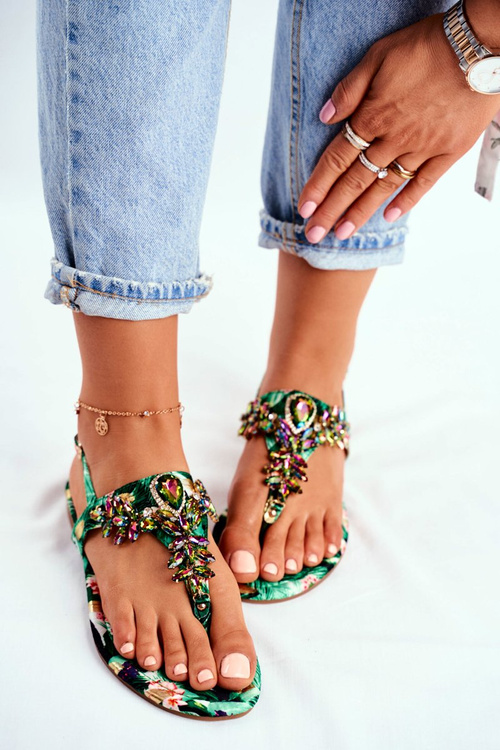 Women's Sandals Elegant Flip-flops With Crystals Green Under Control