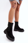 Women's Suede Boots with Sock on Platform and Flat Heel Black Rewam
