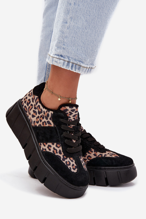 Suede Insulated Sneakers for Women on a Thick Platform Vinceza 66841 Panther Black