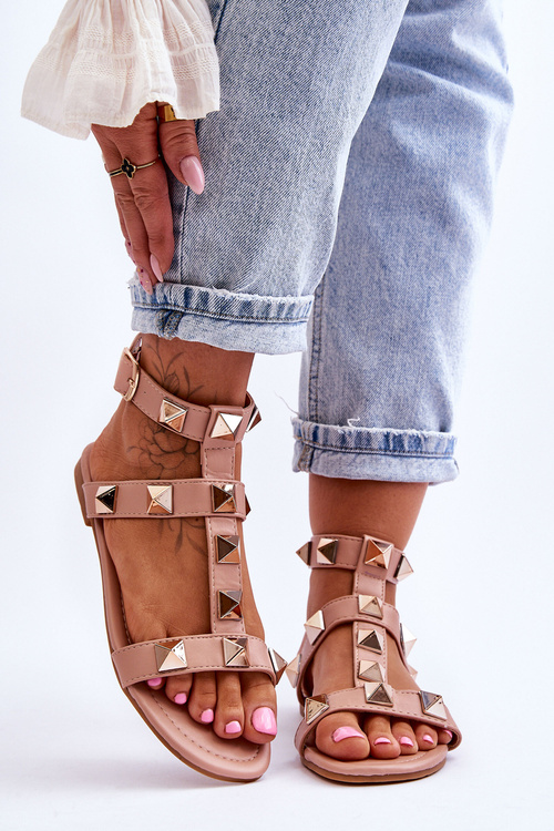Women's Leather Sandals With Large Studs nude Mishigan