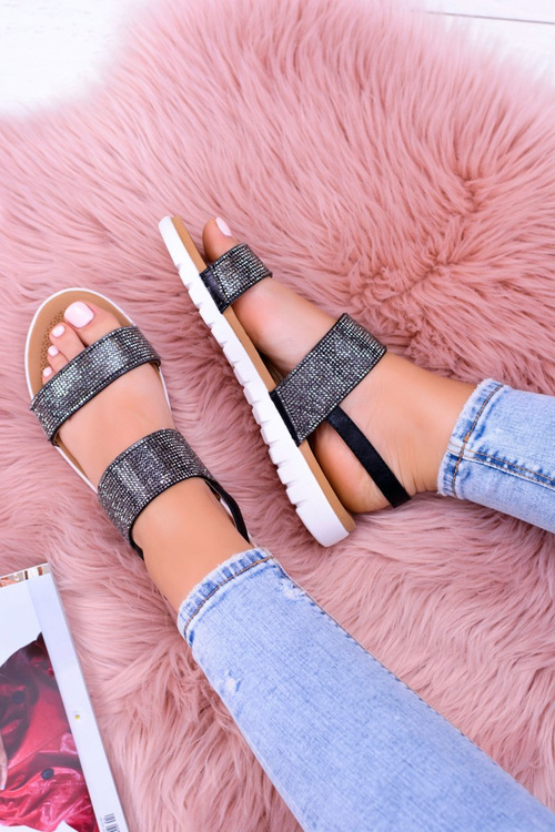 Lu Boo Women's Black Sandals With Zircons Perfect