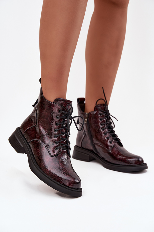 Patent Leather Leather Women's Ankle Boots On Block D&A LZ52-954 Burgundy