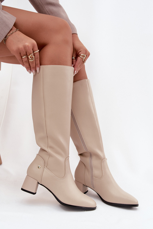 Ocieplane Kozaki Z Naturalnej Skóry Na Obcasie Beżowe Maciejka A7165-04