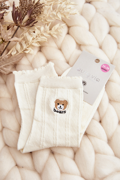 Patterned Women's Socks with Bear White