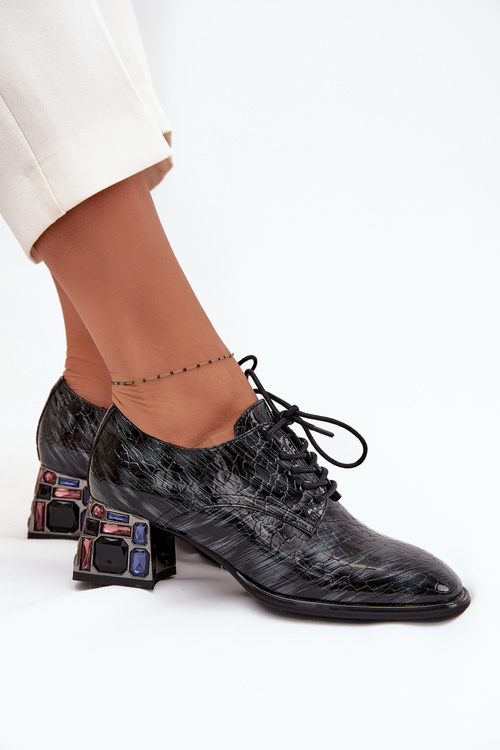 Leather Patent Women's Shoes with Heel with Crystals Artiker 57C0072 Gray