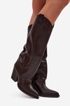 Damskie Kozaki Ocieplane Słupek Eko Skóra Czekoladowe Mavine