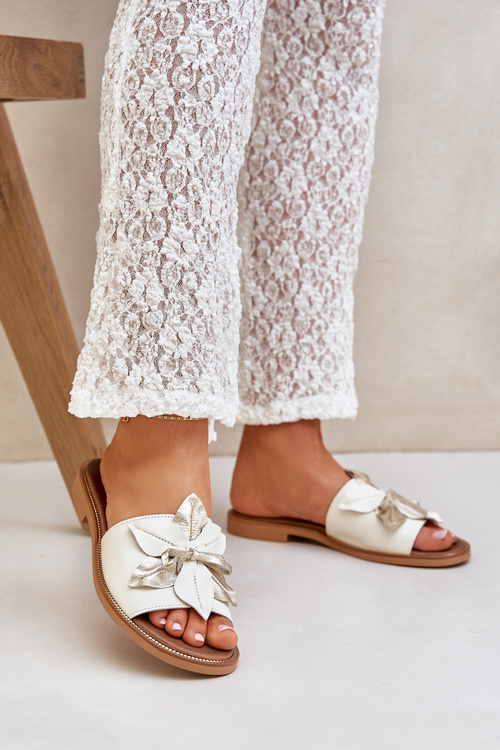 Klapki Skóra Naturalna Ozdoba Białe Zazoo 3667