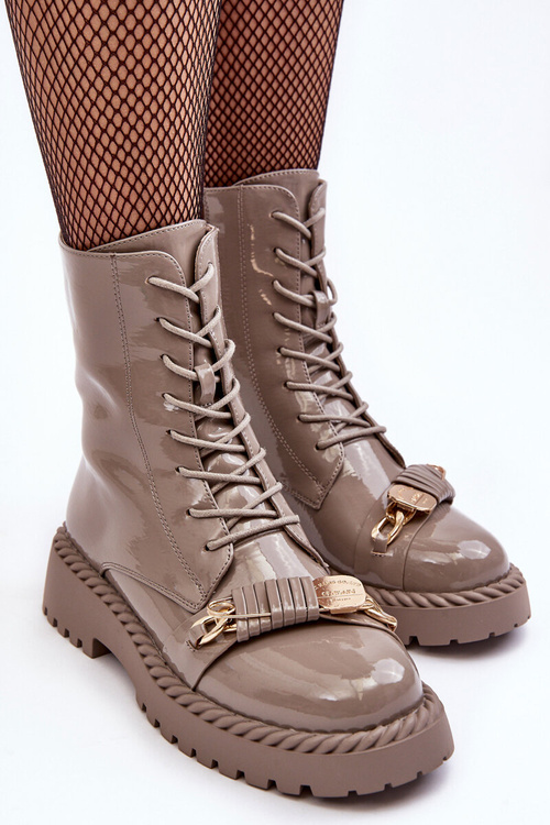 Botki Workery Lakierowane Damskie Ozdoba S.Barski MR870-67 Beżowe