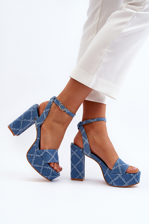 Denim Sandals with Block Heel Blue Acrana