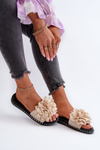 Women's Beige Flower Embellished Slippers Cellanen