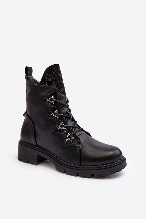 Leather Insulated Boots with Rhinestones Black Gwen SBarski HY93-52A