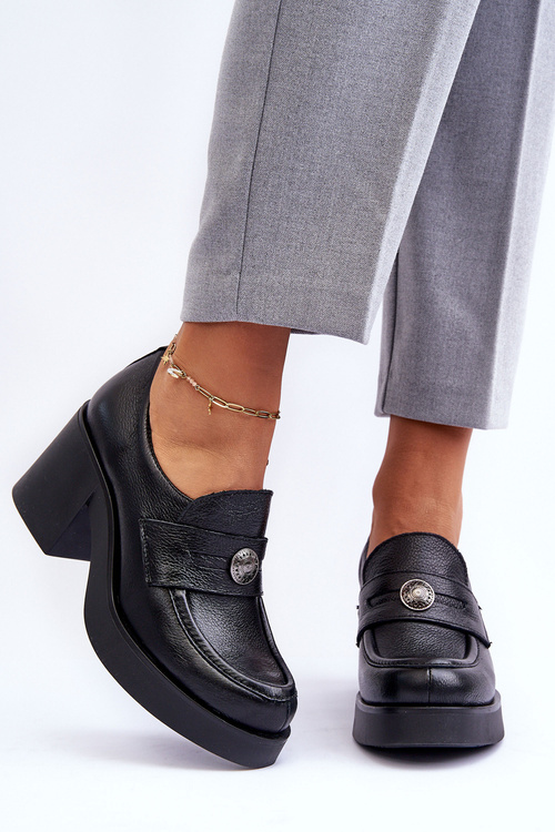 Półbuty Damskie Obcas Słupek Skóra Czarne Lemar Dunadia 20148