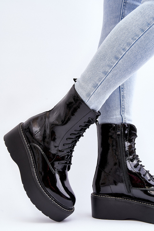 Women's Patent Leather Boots with Chunky Sole Black Movana